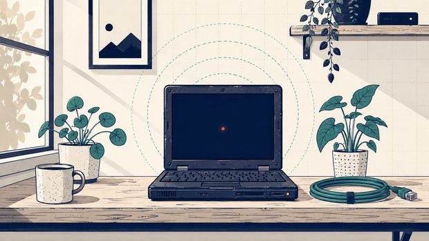 An old laptop reborn as a home server, glowing on a desk among houseplants