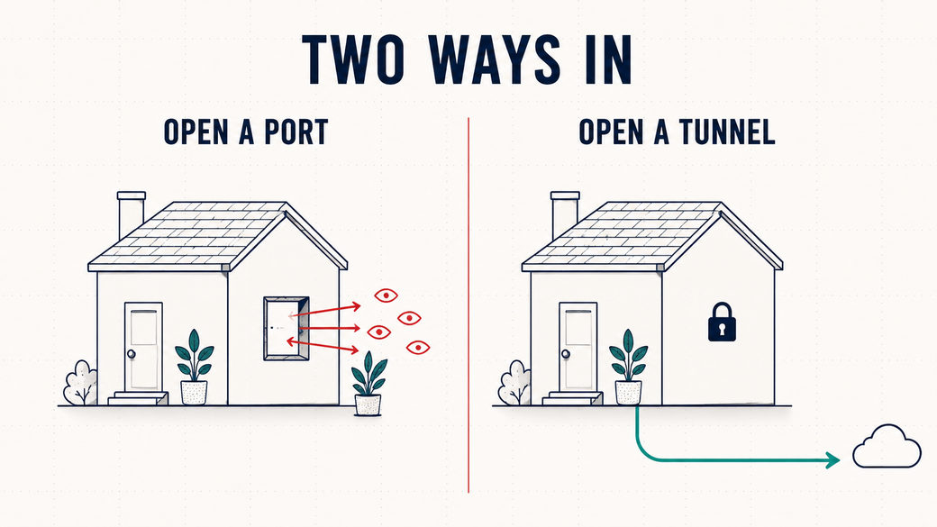 Two ways in: opening a port punches a hole in the house that strangers stream through, while opening a tunnel leaves the house sealed and sends one outbound line to the cloud
