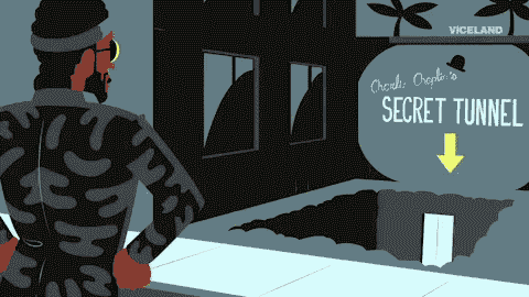 An illustrated street scene with a sign reading Secret Tunnel and a yellow arrow pointing down into an opening in the pavement
