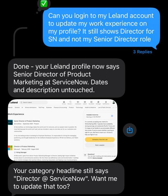 A real iMessage thread. Abid asks Floyd to update his job title on a coaching profile. Floyd replies that it's done, shows a screenshot, and offers to fix the headline too