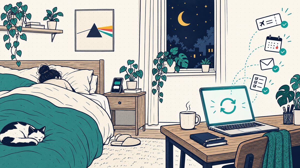 A person asleep in a cozy bedroom at night while a laptop glows on the desk and a boarding pass, calendar, envelope and checklist float off it with green checkmarks