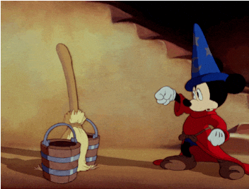 Mickey Mouse as the sorcerer's apprentice, in his pointed blue hat, standing over a bucket while an enchanted broom gets to work